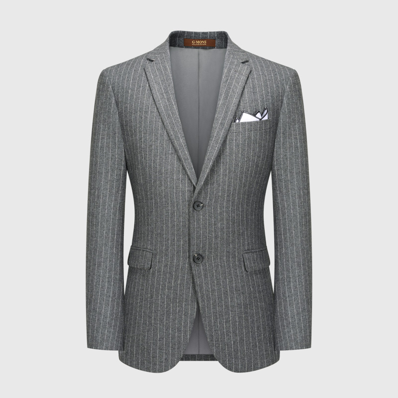 羊毛修身休闲灰色条纹厚款西装