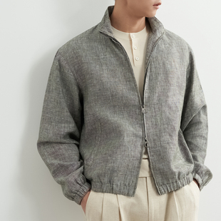 【100%亚麻】吉约蒙立领休闲商务通勤夹克男灰色老钱风外套上衣
