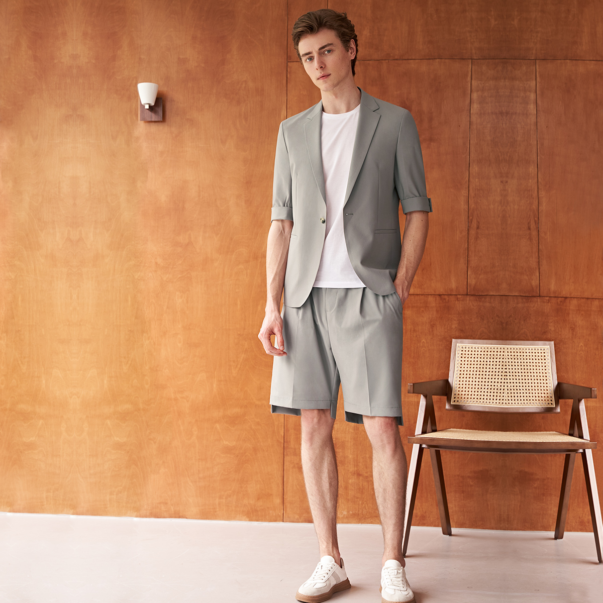 吉约蒙七分袖西服套装男卡其色修身商务休闲夏季薄款短袖西装外套