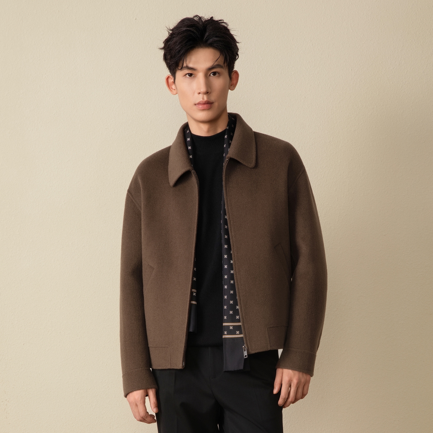 吉约蒙毛呢夹克男休闲纯羊毛双面呢子短款冬季保暖棕色翻领外套