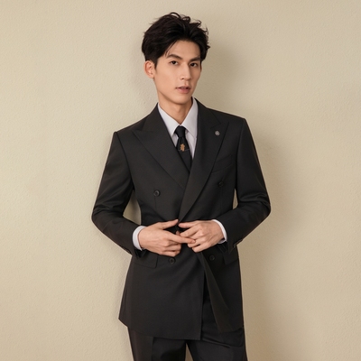 吉约蒙双排扣羊毛西服套装男黑色商务职业正装西装男新郎结婚礼服