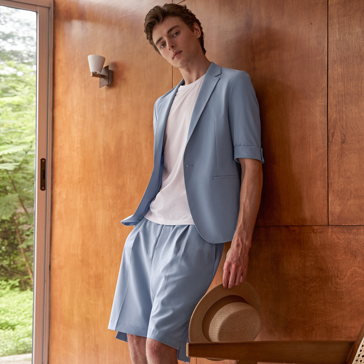 吉约蒙七分袖西服套装男浅蓝色修身商务休闲夏季薄款短袖西装外套