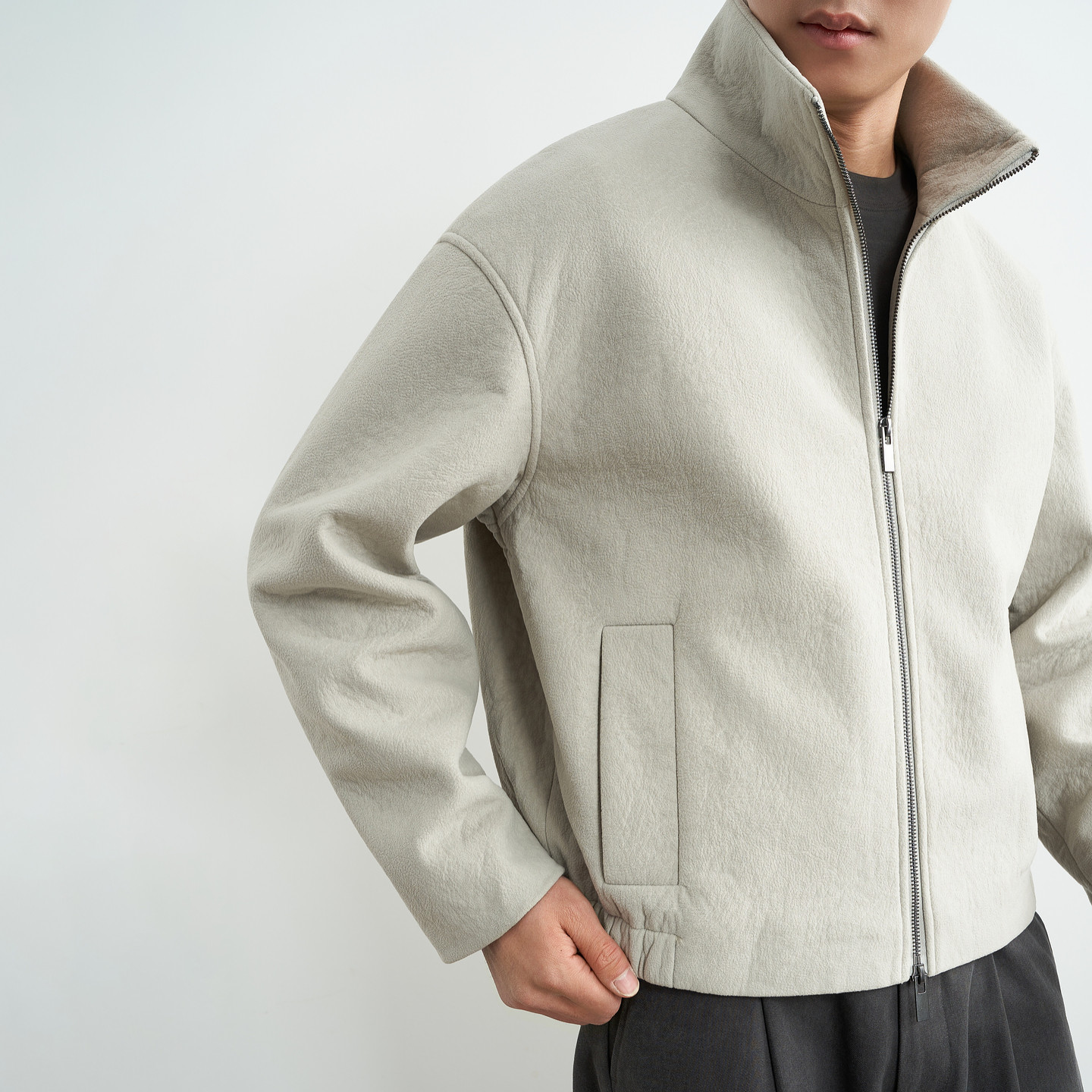 【麂皮绒质感】吉约蒙立领夹克男拉链宽松灰色冬季休闲飞行员外套