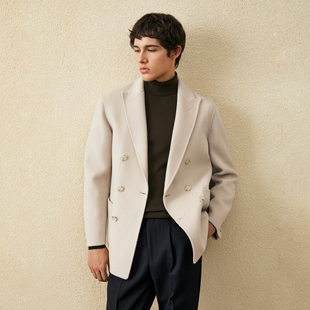 吉约蒙毛呢大衣男短款 保暖加厚双面呢子羊毛外套 双排扣米白色冬季
