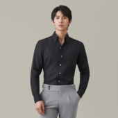 男三防免烫黑色商务休闲正装 衬衣 吉约蒙长袖 衬衫 意式 一片领