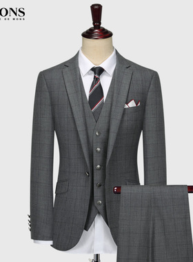吉约蒙西服外套男士灰色格子修身商务休闲西装上衣单件格纹单西