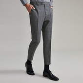 子修身 吉约蒙西裤 子商务休闲垂感西装 裤 男士 灰色格子直筒西服裤