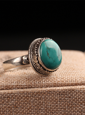 尼泊尔手工雕花复古西藏民族风绿松石开口创意小众食指戒指女