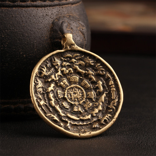 藏区收回 年份爆老 老黄铜九宫八卦牌 吉祥老宝贝