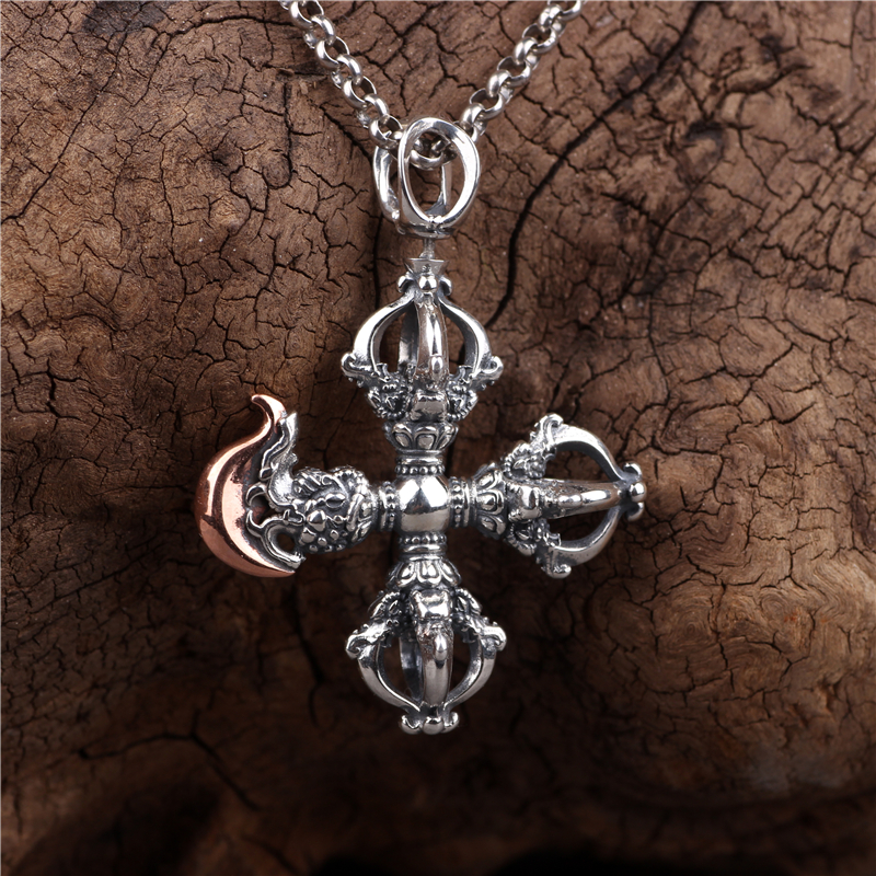 纯银十字金刚杵藏式钺刀民族风复古个性创意项链吊坠男女挂件