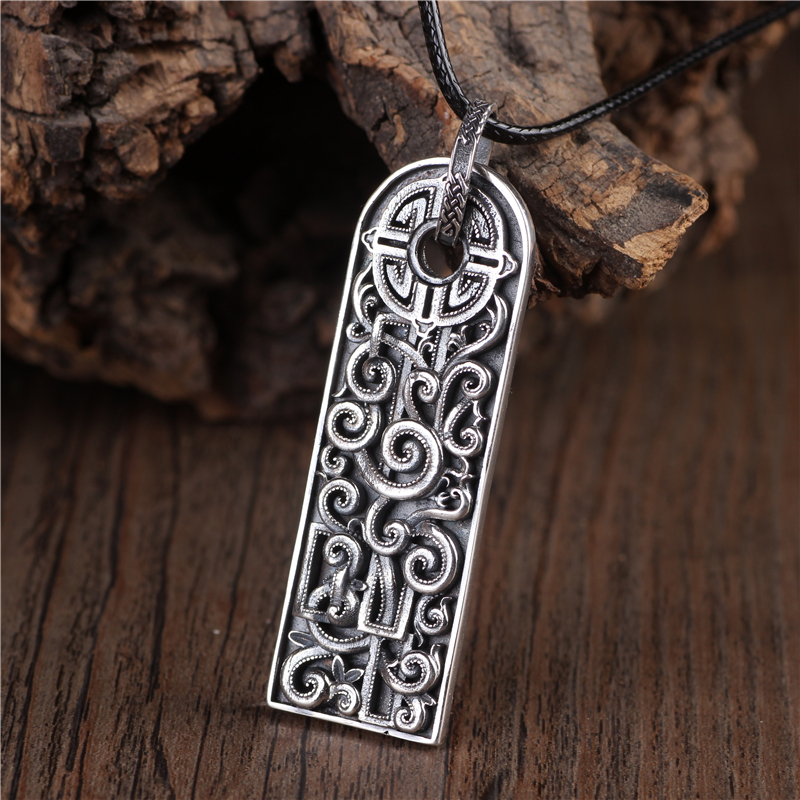 复古个性纯银饰民族风长方形镂空雕花如意花纹项牌吊坠项链男女