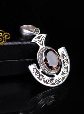 尼泊尔西藏饰品纯银船锚镶嵌吊坠