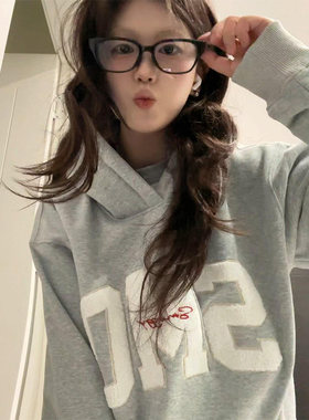 潮牌字母标语毛巾刺绣连帽卫衣女春秋冬新款加绒加厚慵懒外套上衣