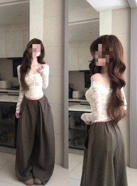 纯欲风白色v领蕾丝衫长袖t恤女春秋冬新款带胸垫可外穿打底衫上衣