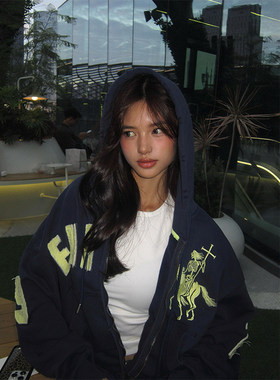 高街加绒拉链连帽卫衣女春秋冬新款撞色贴布刺绣潮牌开衫外套上衣