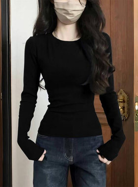 黑色正肩圆领长袖t恤女春秋冬新款修身显瘦加绒保暖内搭打底上衣