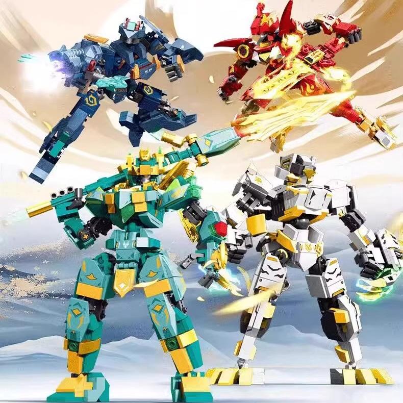 森宝国潮机甲荣耀四圣兽青龙白虎玄武朱雀变形机甲积木玩具男礼物