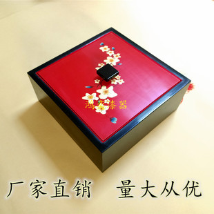 彩绘漆画方形带盖茶叶包装盒木质手绘堆漆工艺礼品盒裱红绒布礼盒