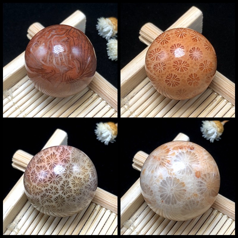 20mm彩色精品天然珊瑚玉散珠大圆珠手链手工配饰菊花玉蕾丝凤尾纹