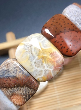 油画风格天然珊瑚玉手牌手排个性独特手链款黑棕色枫叶纹彩色虫纹