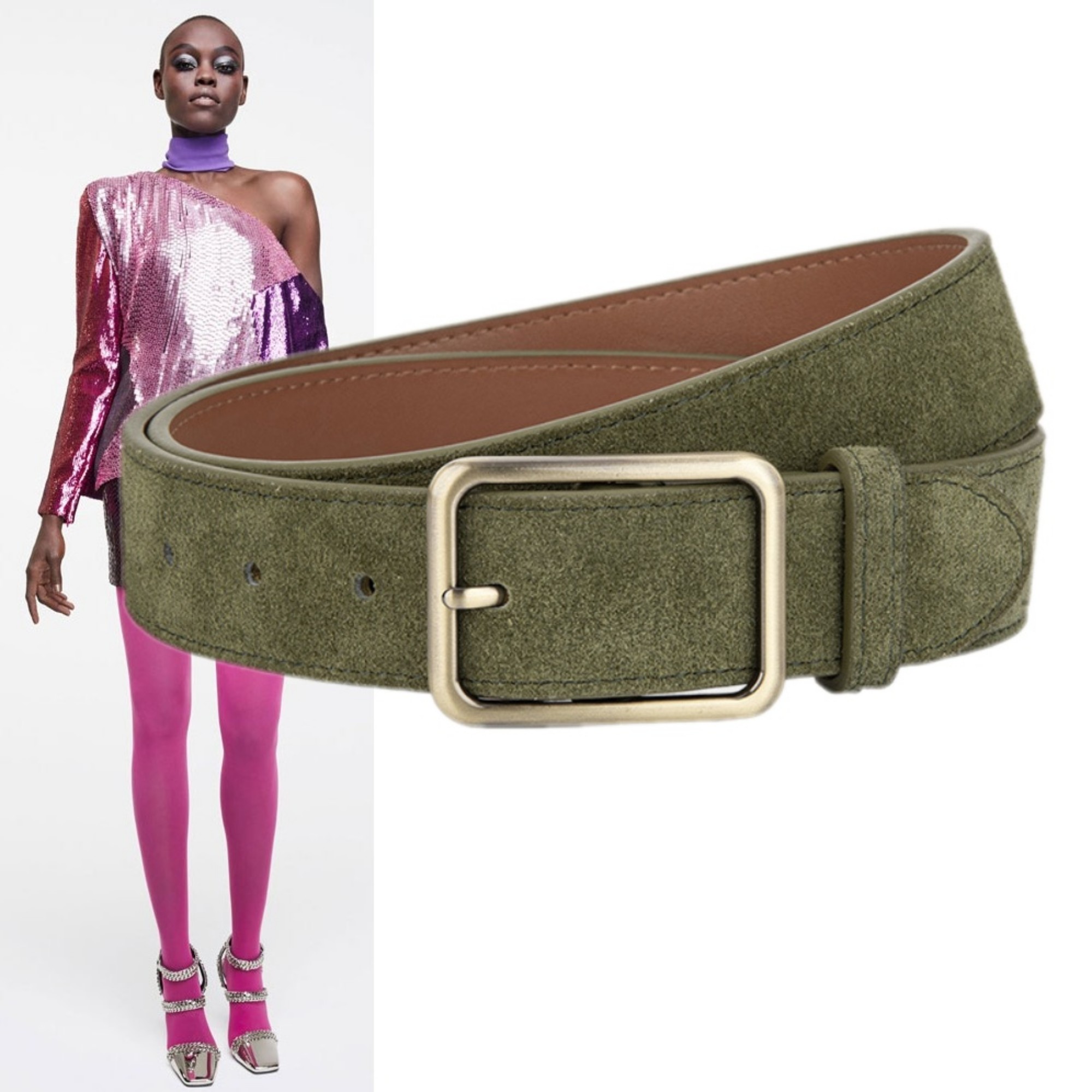 军绿色二层牛皮休闲装饰腰带3.3厘米女羽绒服大衣牛仔裤磨砂皮带