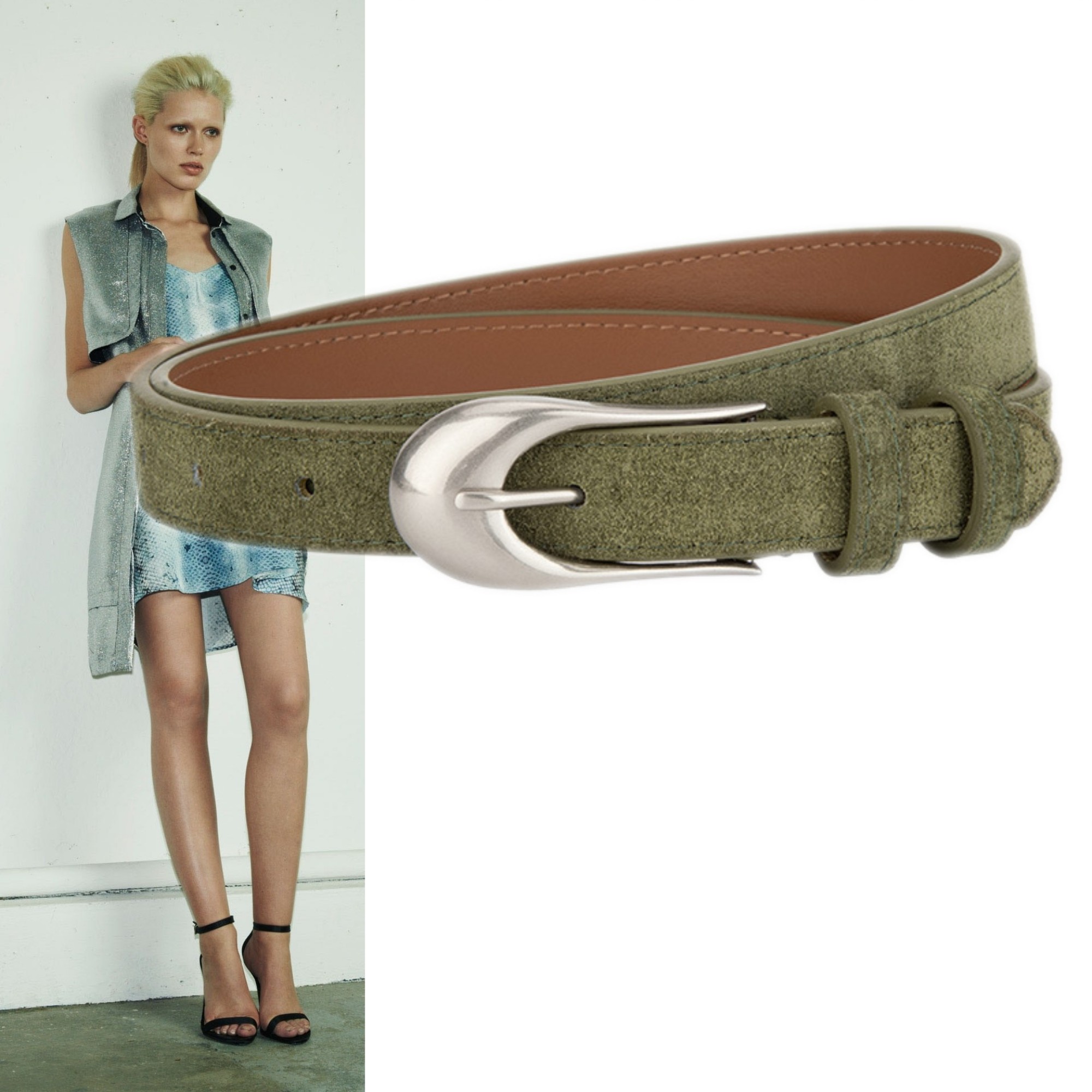 2.3厘米军绿色二层牛皮装饰腰带女连衣裙大衣牛仔裤配饰磨砂皮带