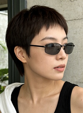 黑色金属细框墨镜时髦欧美复古金属感街拍墨镜Y2K防紫外线太阳镜