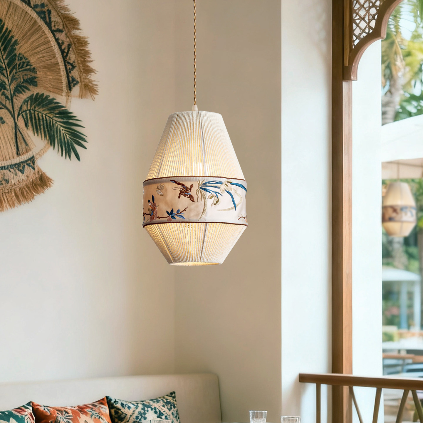 中式复古餐厅吊灯布艺编织灯罩刺绣花鸟图案温馨餐厅灯具,家装灯饰光源,餐厅吊灯,淘宝优惠券,粉丝福利购,淘宝优惠卷