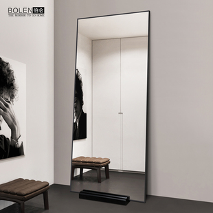 BOLEN 极简黑色带实木底座全身落地镜靠墙穿衣镜子家用防爆试衣镜