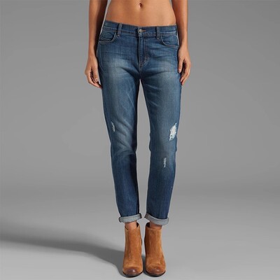 国内现货 Paige 中腰复古中蓝色显瘦腿长破洞卷边九分喇叭牛仔裤