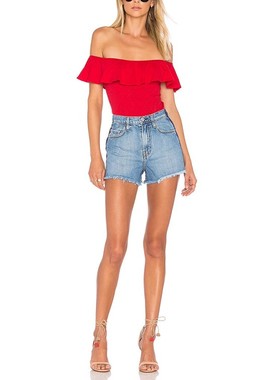 国内现货 Nobody Denim 高腰侧拼接蓝色撞色毛边显瘦牛仔短裤女潮