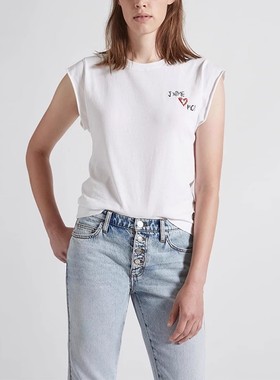 清仓现货 Current/Elliott 刺绣字母桃心白色圆领宽松飞袖T恤背心