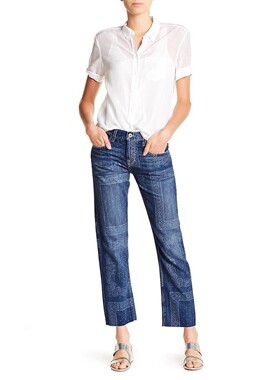 清仓 Current/Elliott bandana印花蓝色宽松老爹直筒男友牛仔裤女