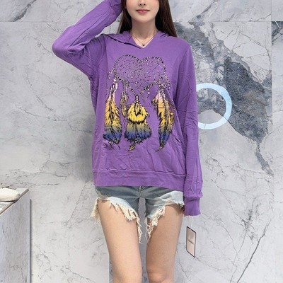 国内现货 Lauren Moshi 深紫爱心捕梦网彩色羽毛宽松连帽长袖卫衣