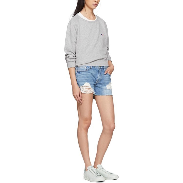 现货 Frame Denim高腰破洞毛边显瘦腿长宽松牛仔热短裤女潮蓝白色