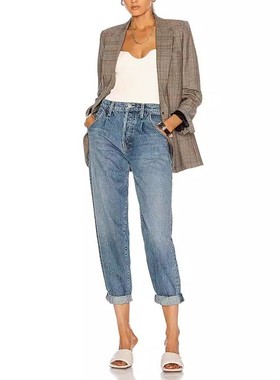 现货MOTHER泫雅高腰蓝色裥褶缝宽松阔腿老爹九分锥形萝卜牛仔裤女