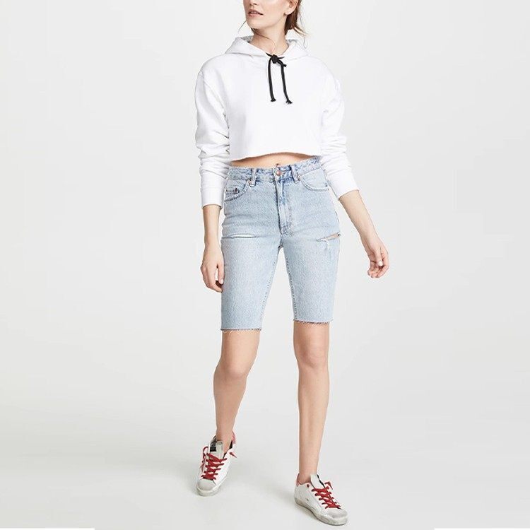 清仓现货 KSUBI 纯棉 百搭高腰浅蓝色破洞毛边牛仔自行车中短裤女