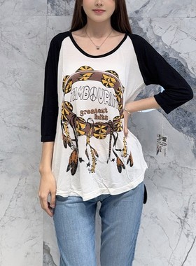 国内现货 Lauren Moshi 黑白拼接复古手链图案圆领长袖T恤上衣女