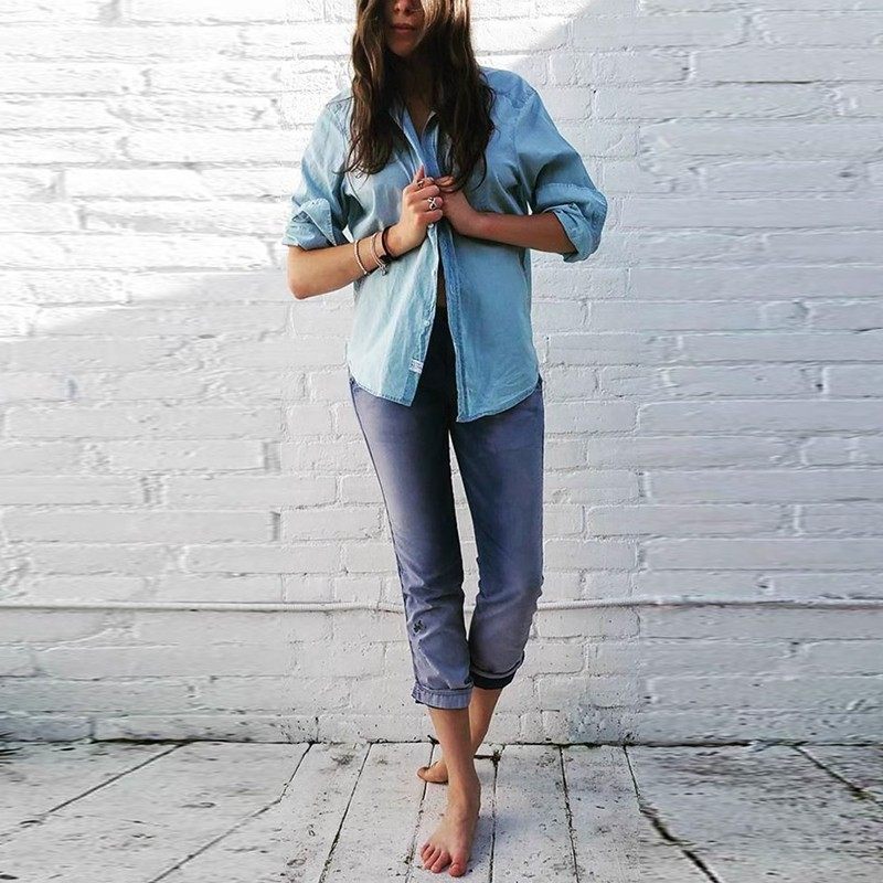 清仓现货 NSF高腰黑漆点渐变蓝色显瘦修身九分直筒工装休闲裤女潮