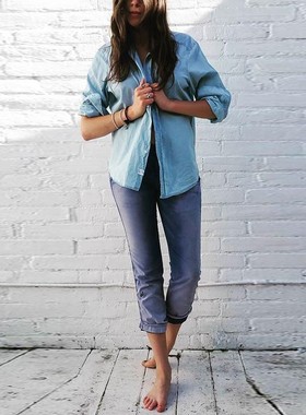 清仓现货 NSF高腰黑漆点渐变蓝色显瘦修身九分直筒工装休闲裤女潮