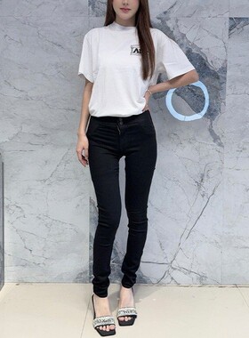 国内现货 RtA denim 高腰黑色显瘦腰部百褶涂层九分小脚牛仔裤女