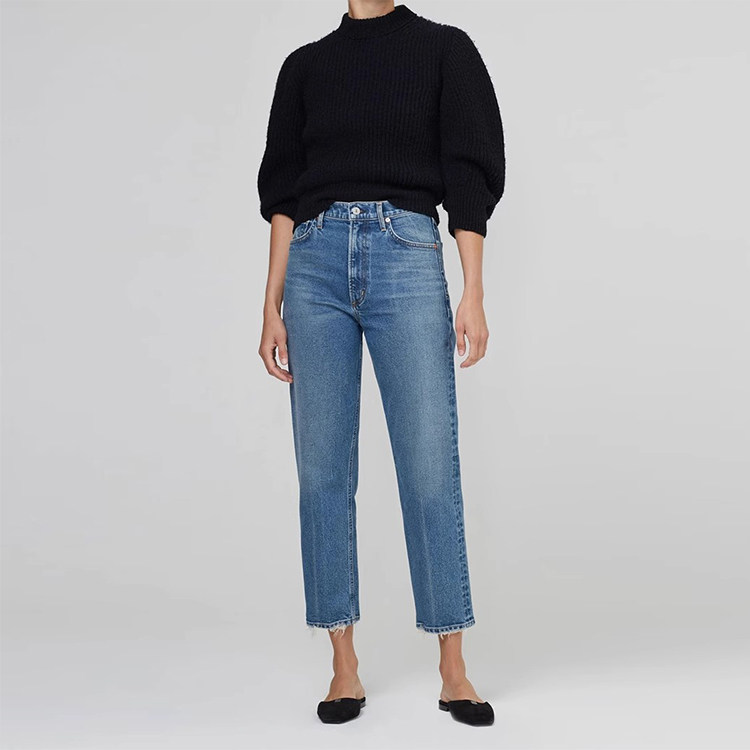 现货 Citizens of Humanity COH 高腰破洞锥形直筒牛仔裤女蓝灰色