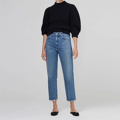 现货 Citizens of Humanity COH 高腰破洞锥形直筒牛仔裤女蓝灰色