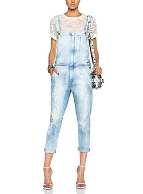 国内现货 Current/Elliott高腰扎染浅蓝色显瘦九分直筒牛仔背带裤