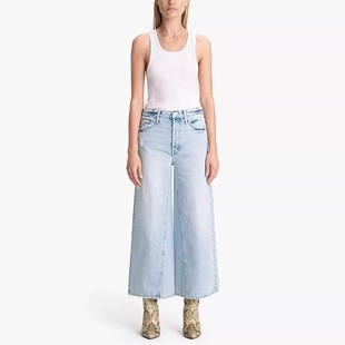 女 泫雅高腰蓝色破洞显瘦扭缝宽松老爹九分阔腿牛仔裤 现货 MOTHER