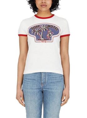现货 McQ surf motel椰树白拼色纯棉显瘦圆领修身打底短袖T恤女潮