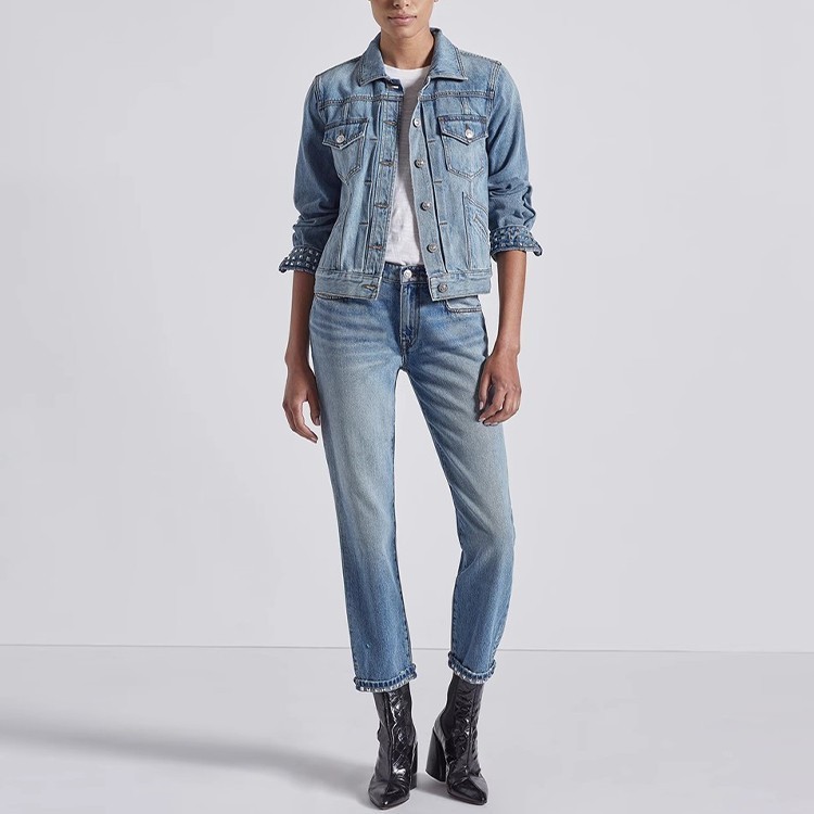 清仓 Current/Elliott中腰蓝色铆钉开衩显瘦宽松老爹直筒牛仔裤女