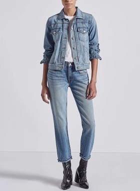 清仓 Current/Elliott中腰蓝色铆钉开衩显瘦宽松老爹直筒牛仔裤女