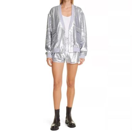 现货 RtA denim Ganya松紧腰亮片开衩时尚休闲阔腿短裤银白橄榄绿