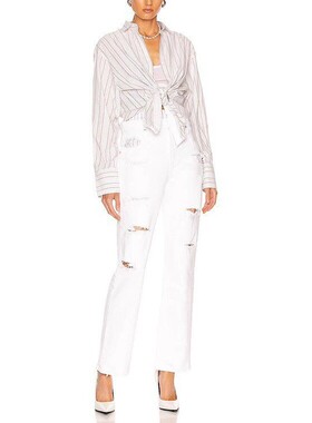 现货 RtA denim双高腰头白色破洞拼接条纹短裤显瘦宽松直筒牛仔女